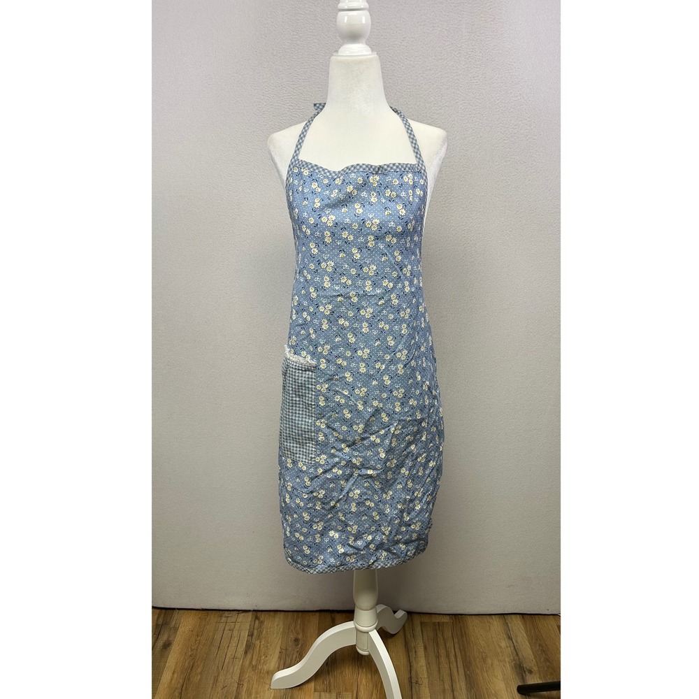 Cottagecore Franco Women OS Blue Floral Gingham‎ Lace Trim Cotton Bib Apron